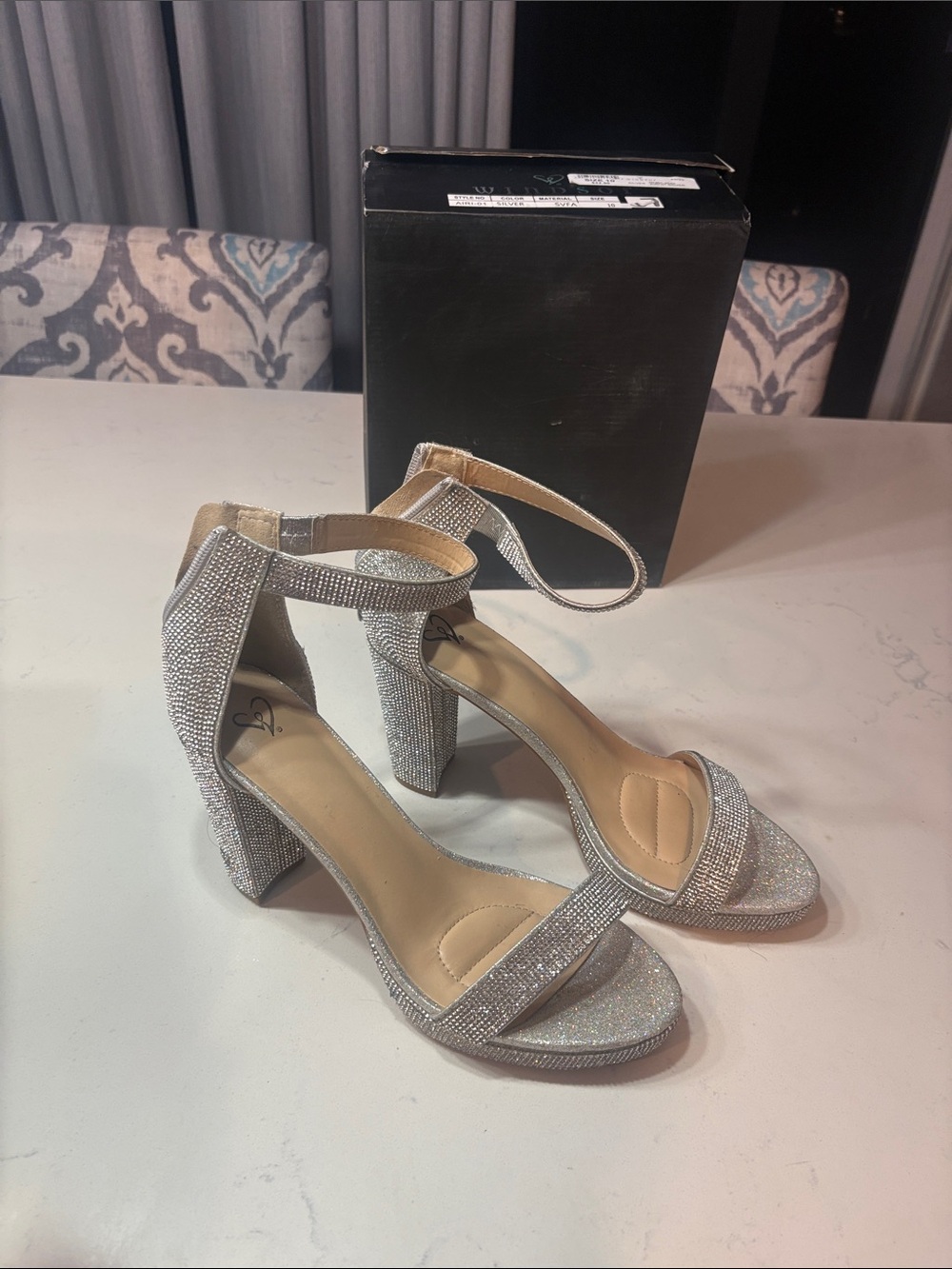 Windsor Silver Glitter Block Heel Sandals with Ankle Strap